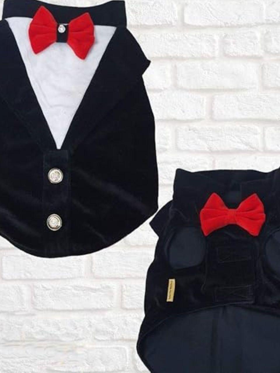 Kitty & The Woof Gang Black and White Velvet Tuxedo with Red Bow in Front and Back for Dogs | Wedding Tuxedo for Dogs | Size S