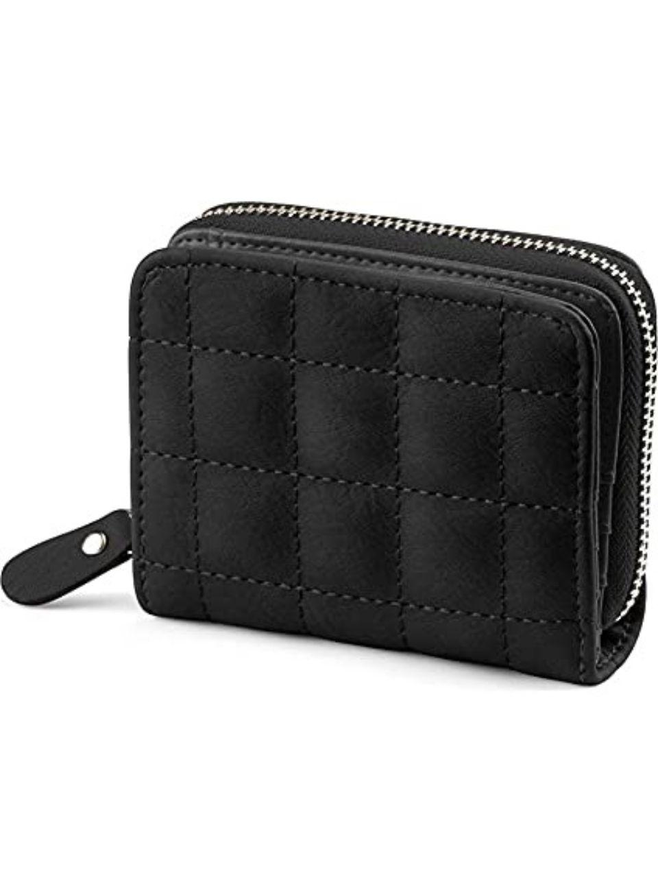 Leather Mini Zipper Wallet for Women, Black - Checked Pattern