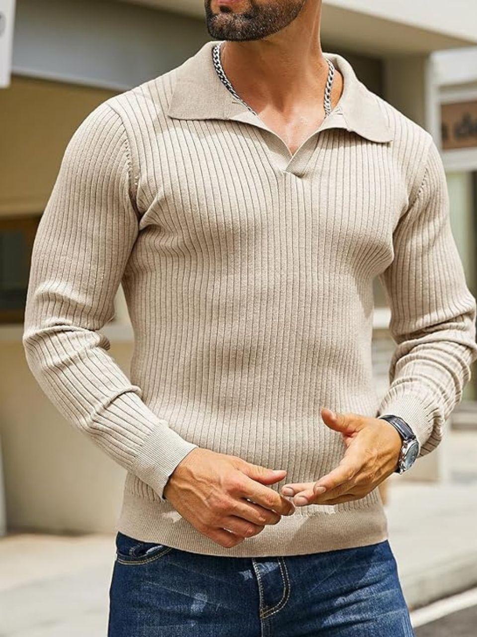  Men's Cotton Full Sleeve Collar Polo Sweater for Men, Rib Knitted Sweaters for Men Winter,