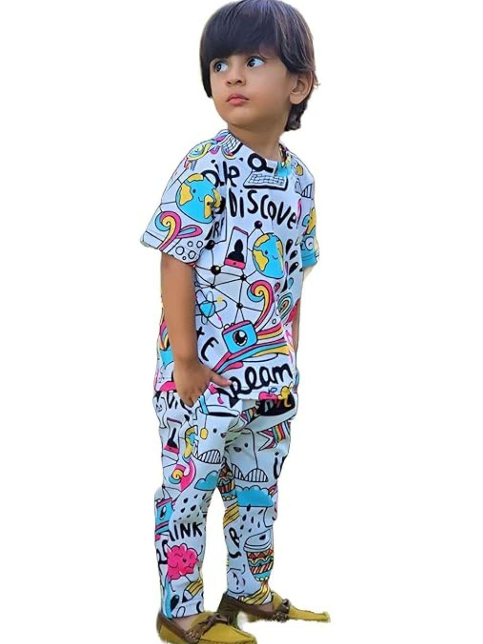 Kids Lycra Blend Printed Round Neck Short Sleeve T-shirt and Trouser Set