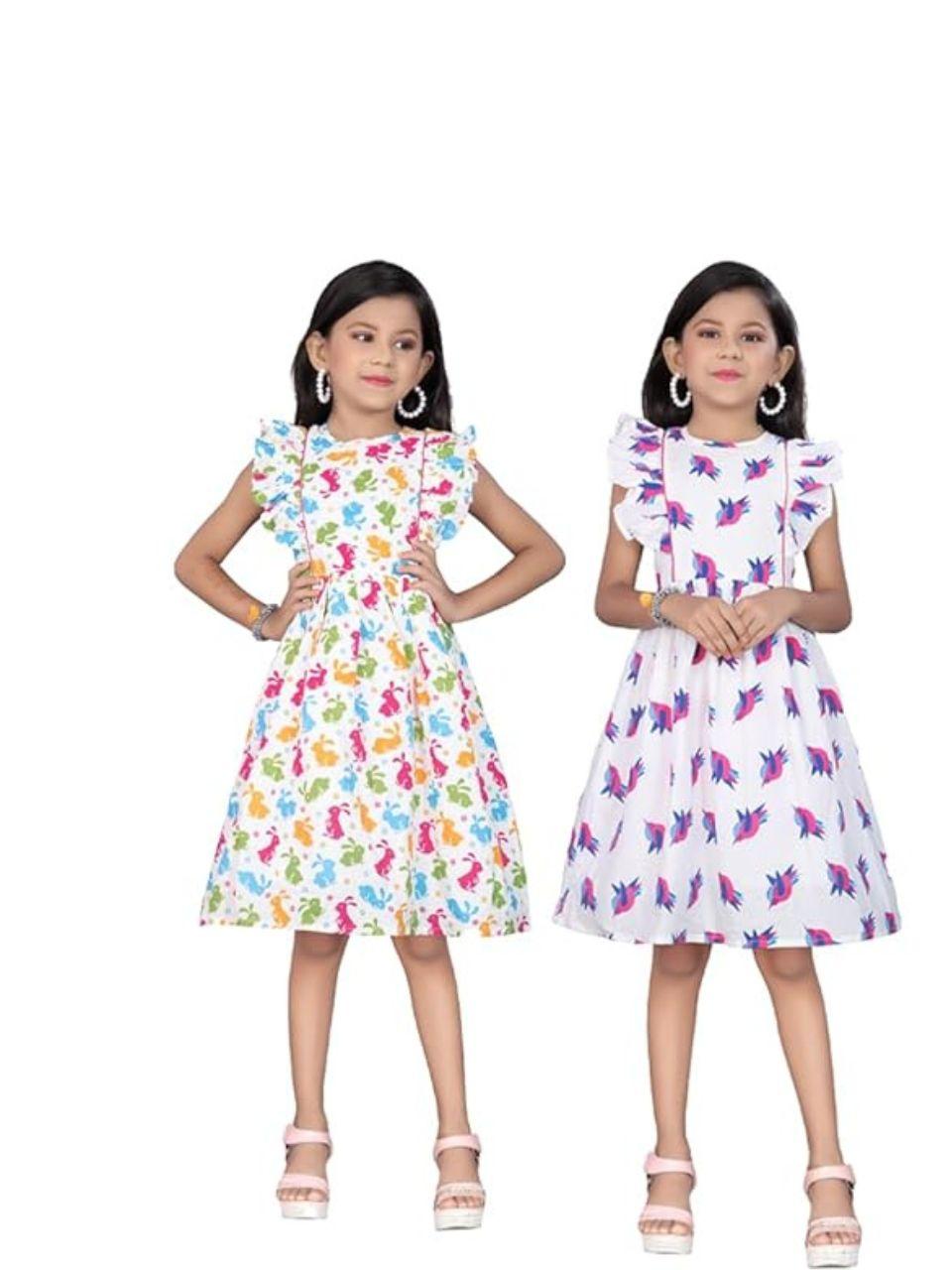 Girls Pure Cotton Soft Combo Frock with Astar, Sparrow Bird and Rabbit Printed for Girl Child (Pack of 2, Multicolor)