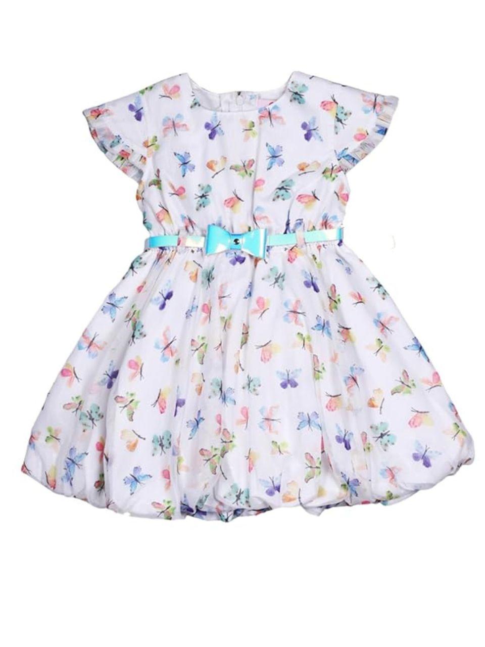 Chiffon Knee Length Butterfly Print Balloon Dress, Cap Sleeve Cute Frock for Kids & Girls