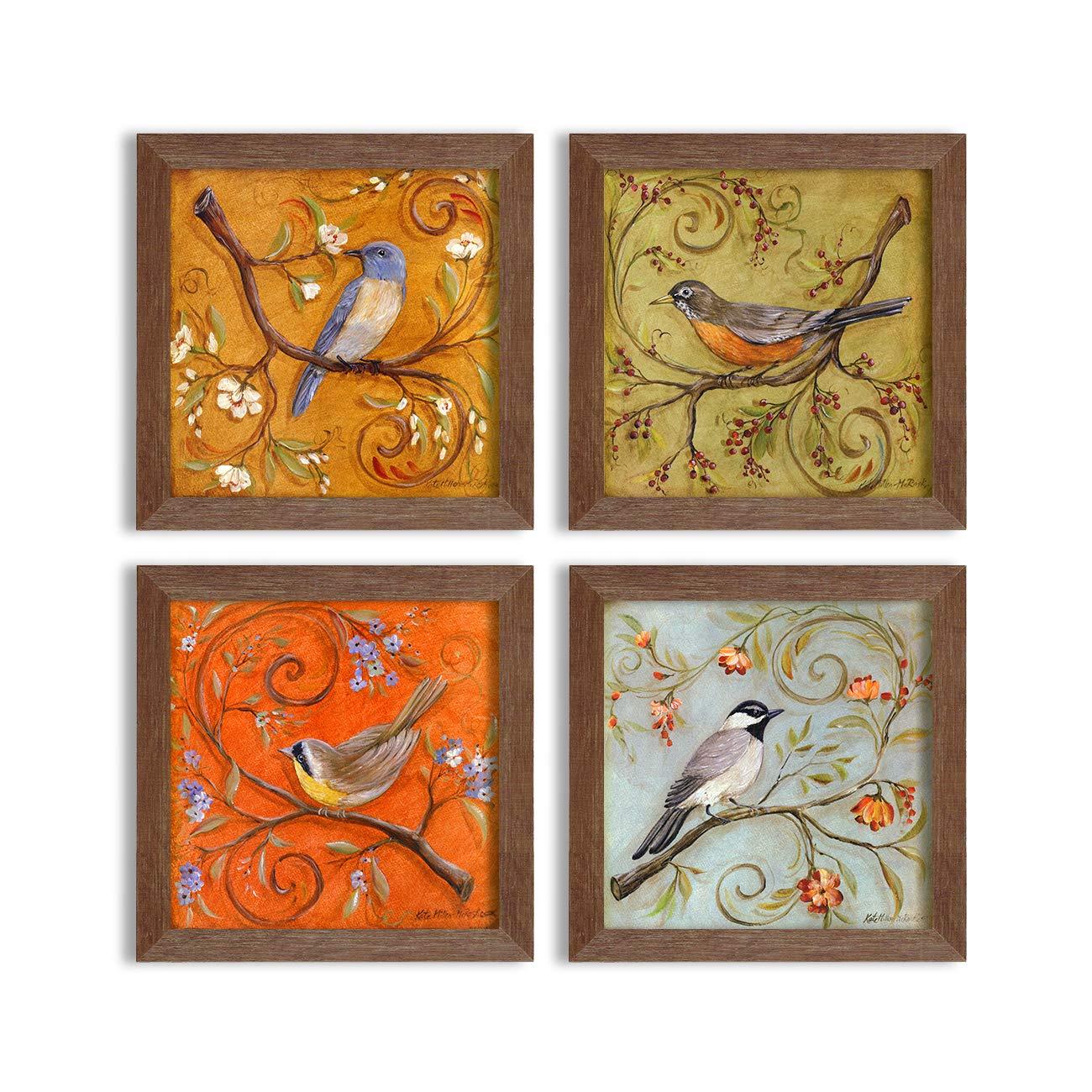 Multicolor Jardine Birds Set of 4 Brown Framed Painting,UV Textured Art Prints (10 x 10 inch)