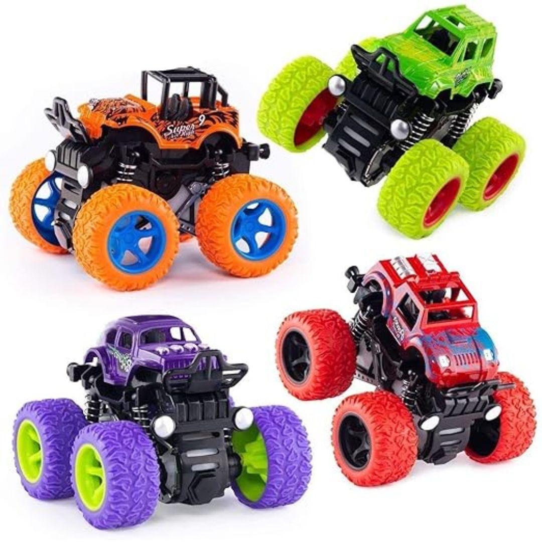 Push and go car Toy 4WD Mini Monster Trucks Friction Powered Cars for Kids Big Rubber Tires Baby Boys Super Cars Blaze Truck Children Gift Toys (Pack of 4 pc)